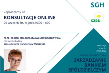 Podyplomowe studia „Zarządzanie bankiem spółdzielczym” - II edycja - konsultacje online 29 września br.